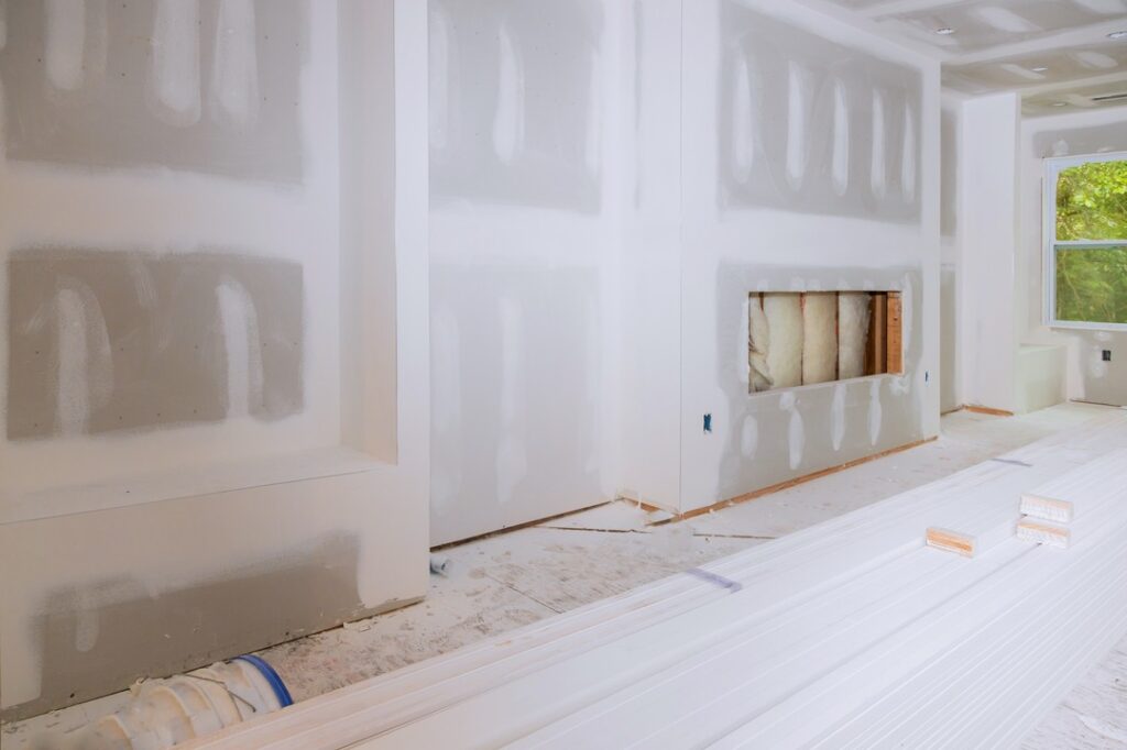 Walls in construction with drywall showing